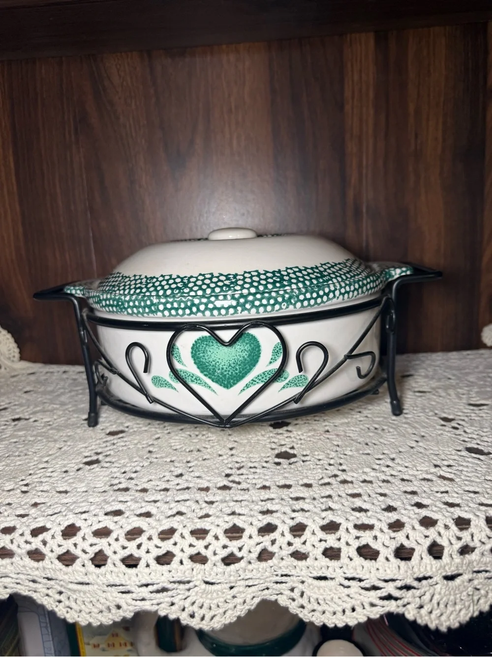 Green Heart Ceramic Casserole Dish with Metal Stand